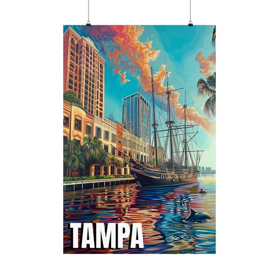 Tampa Skyline And Gasparilla Ship Poster Print Eyecatching Waterfront Art Ideal Gift For Enthusiasts Urban Decor