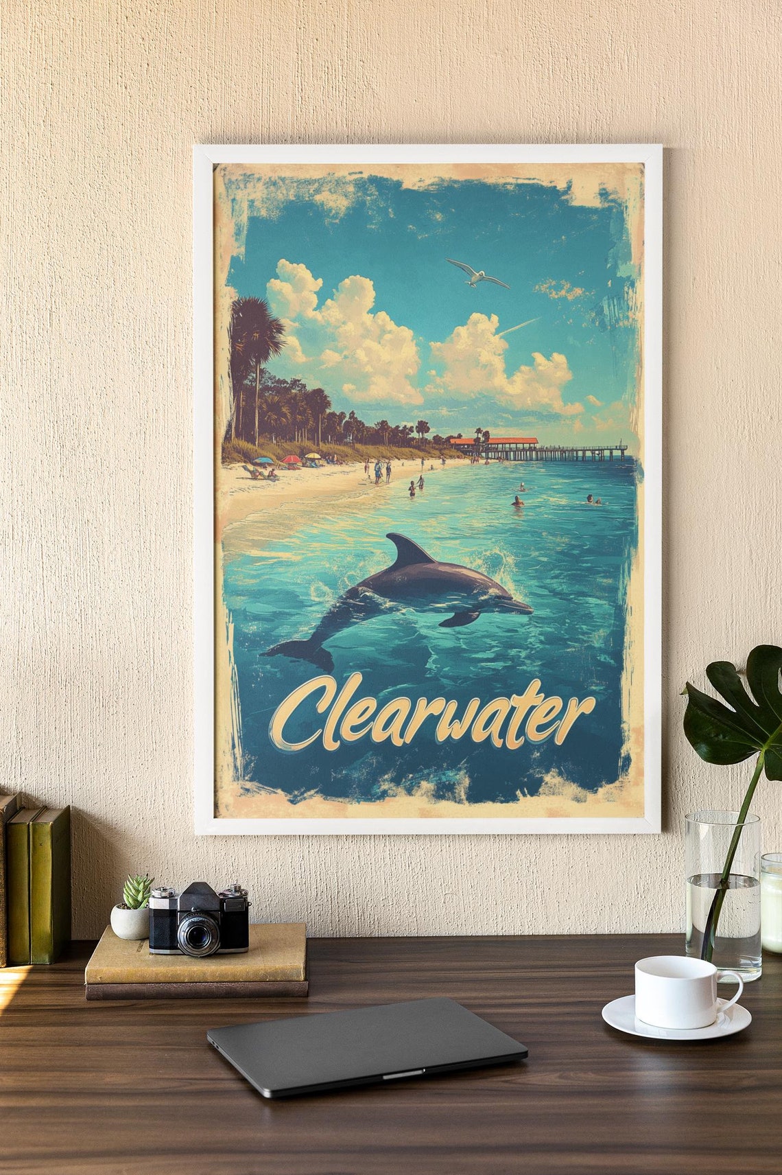 Clearwater Beach Vintage Travel Dolphin Pier Florida Sunshine Poster