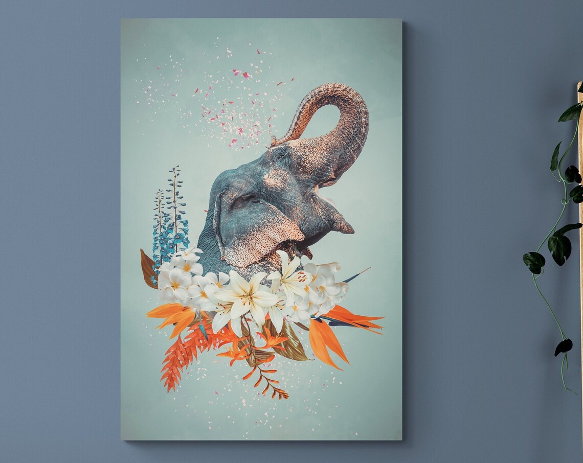 Elephant Spraying Petals Among Tropical Flowers Wildlife Art Poster - Image 2
