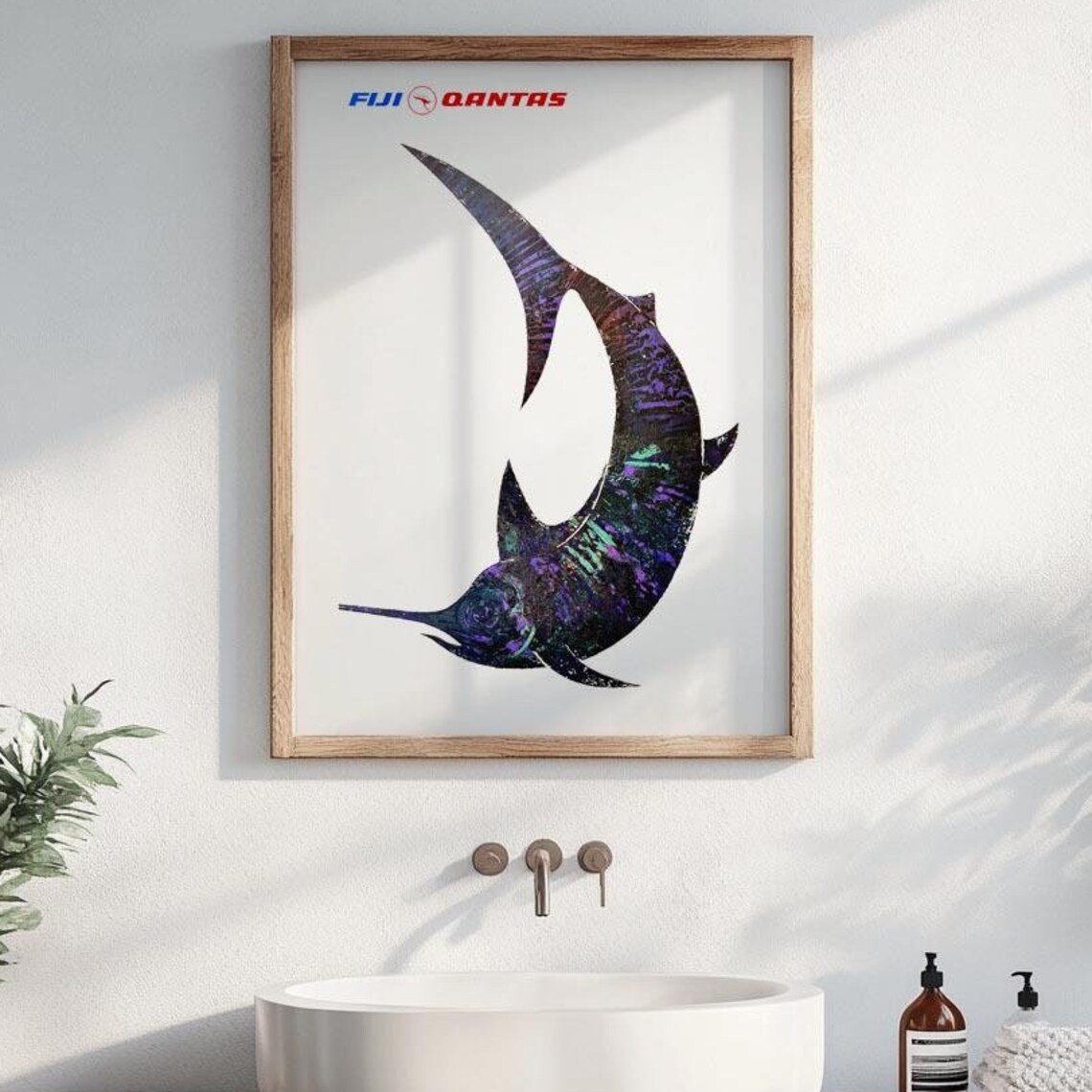 Vintage Fiji Qantas Travel Poster Leaping Marlin Airline Wall Decor