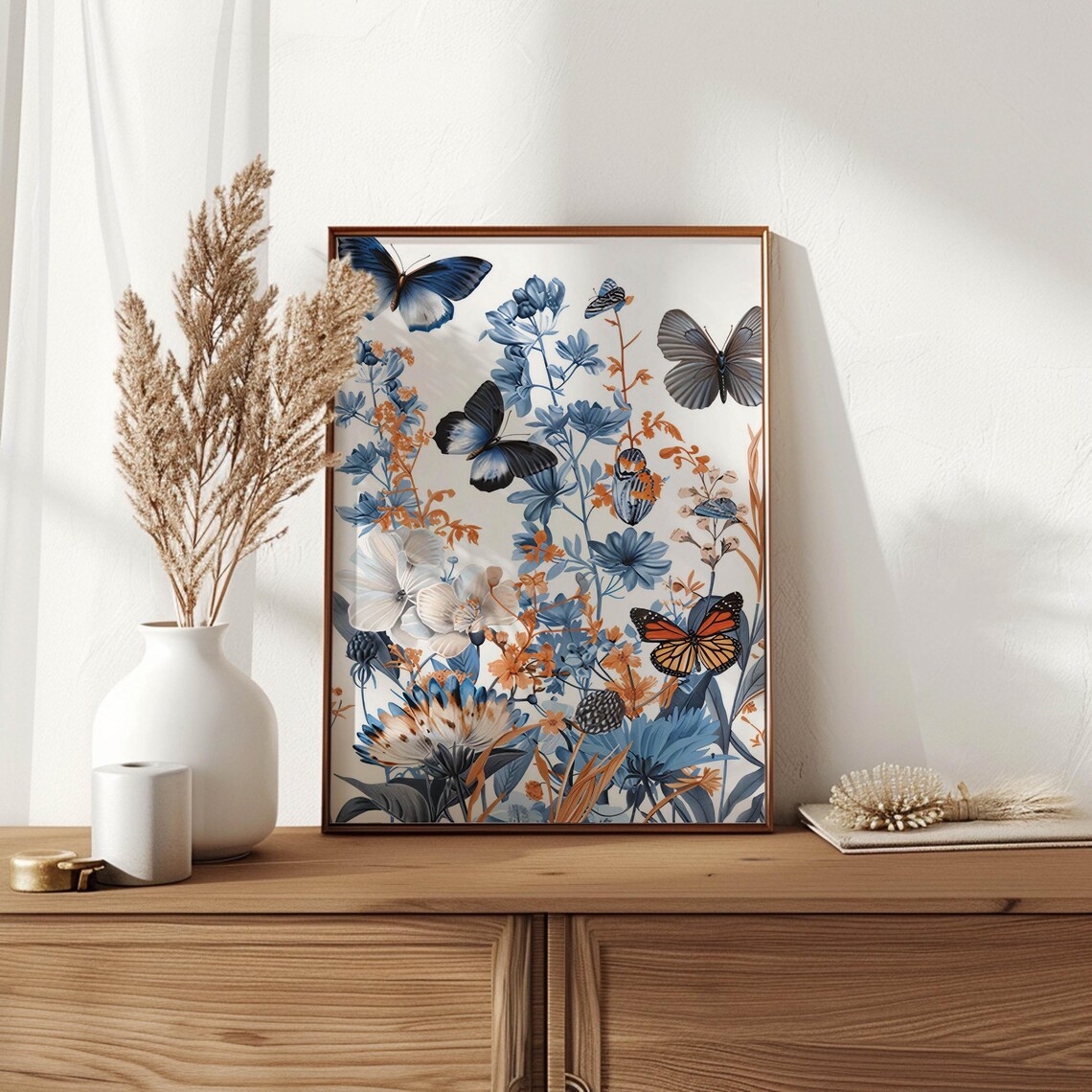 Blue and Orange Butterflies Dancing Among Wildflowers Poster - Image 6