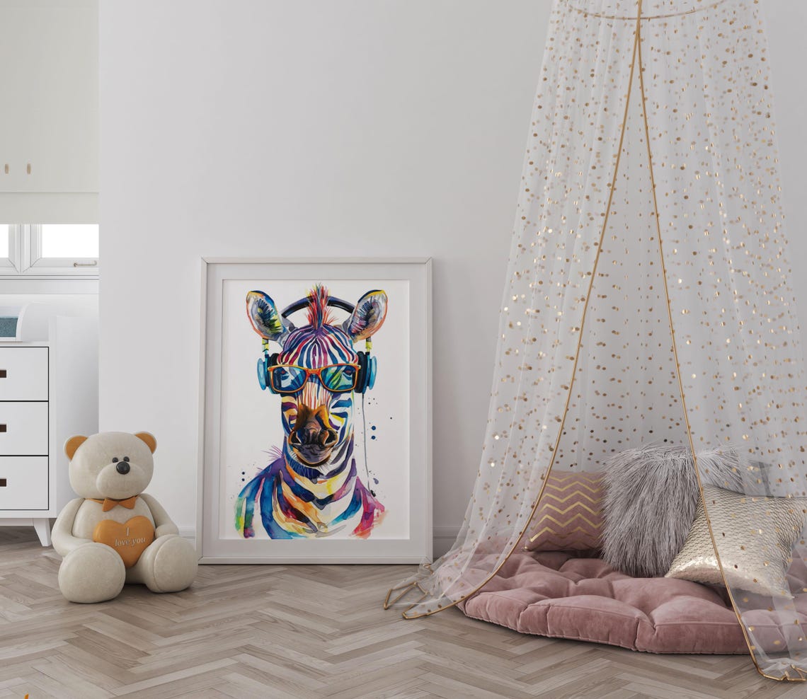 Vibrant Zebra Wearing Orange Glasses and Headphones Watercolor Poster - Image 5