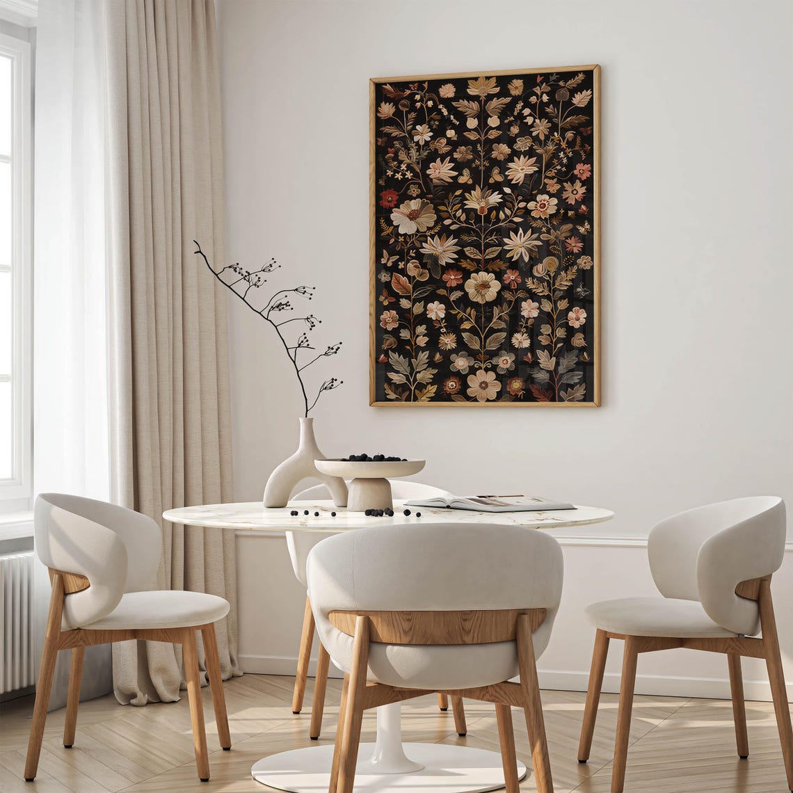 Symmetrical Dark Botanical Tapestry With Pink Blossoms Poster - Image 2