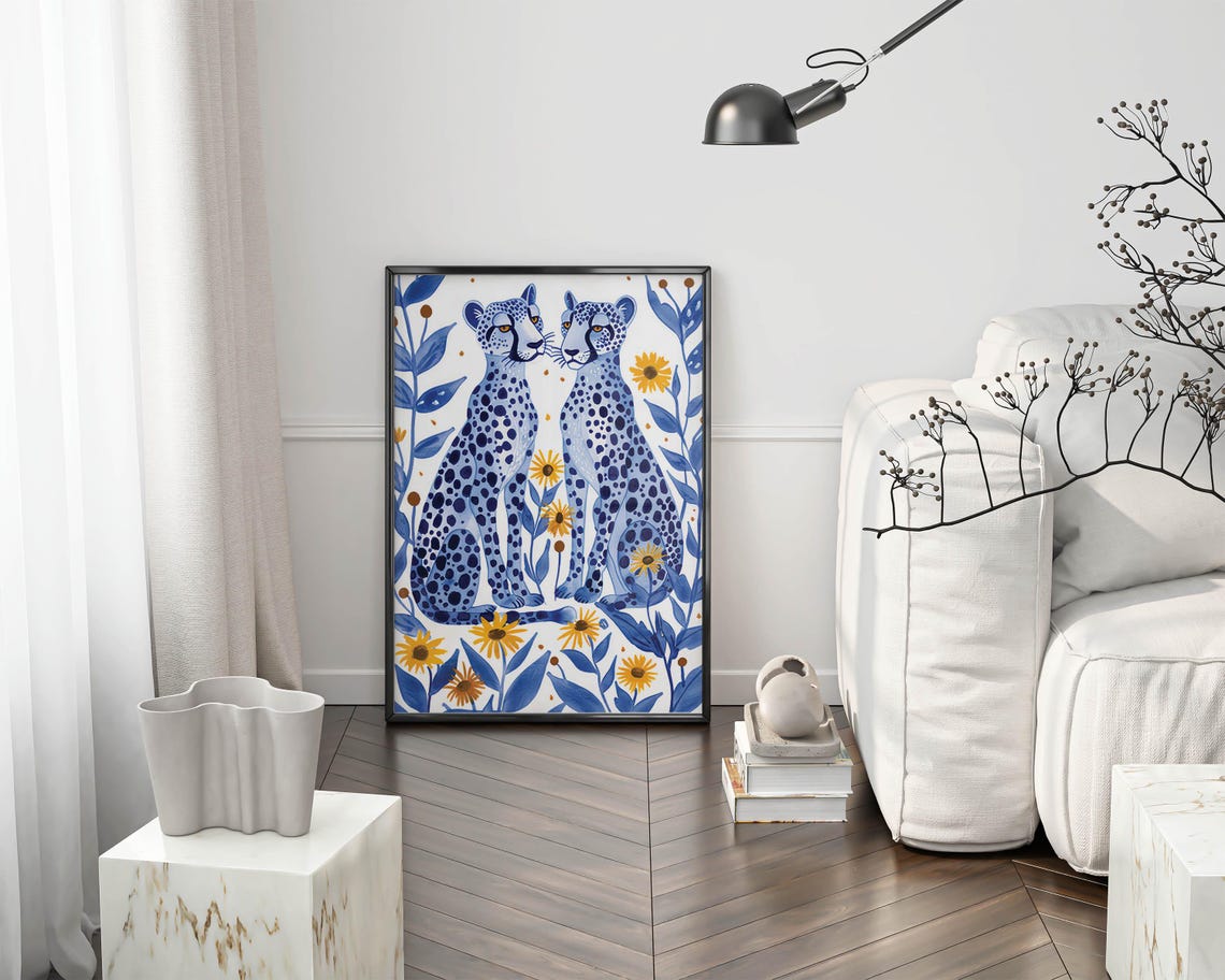 Two Light Blue Leopards Facing Each Other Among Daisies Poster - Image 5