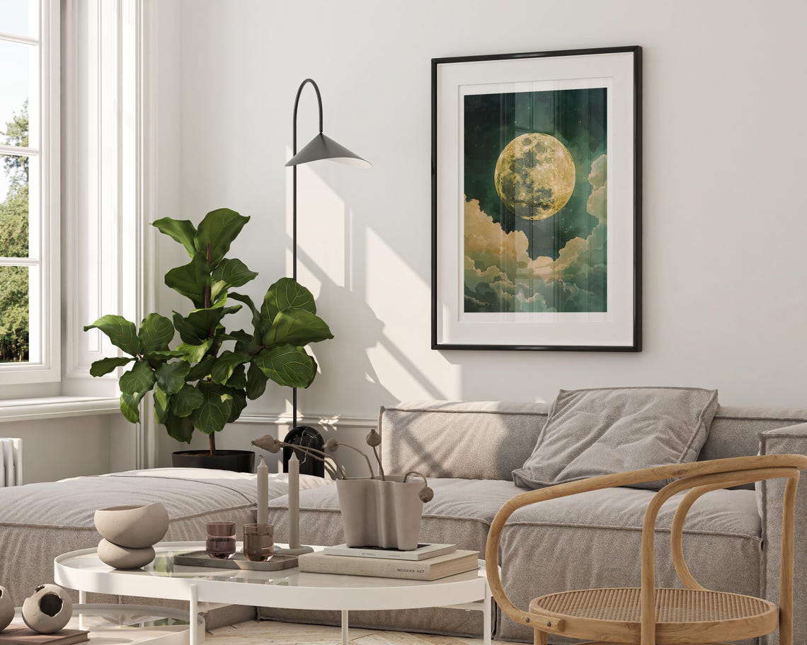 Full Golden Moon Rising Above Cream Clouds Starry Night Poster - Image 3