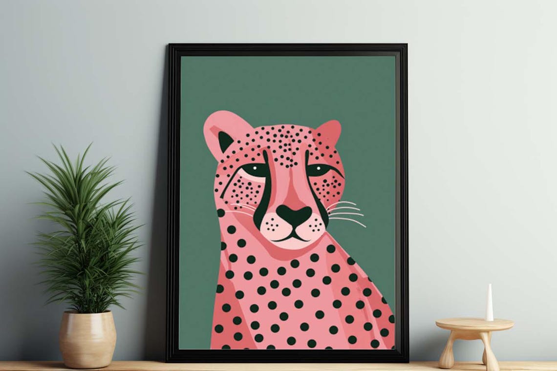 Pink Cheetah Portrait on a Green Background Modern Pop Art Poster - Image 2