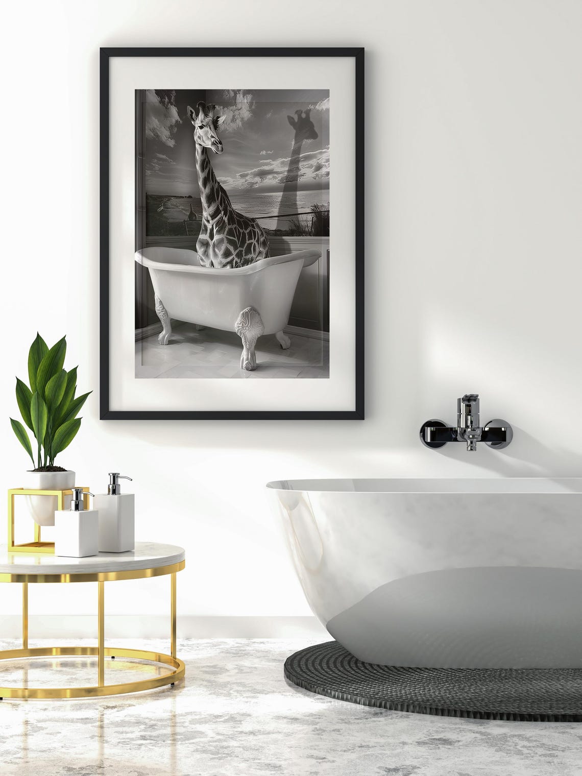 Giraffe Relaxing in Vintage Clawfoot Bathtub Black White Art Poster - Image 3