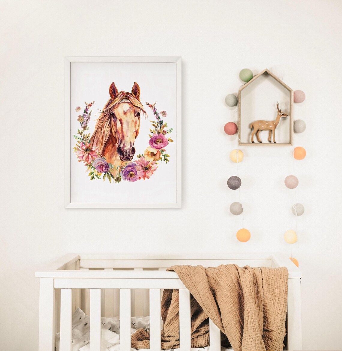 Chestnut Horse Portrait with Colorful Floral Wreath Nursery Poster - Image 6