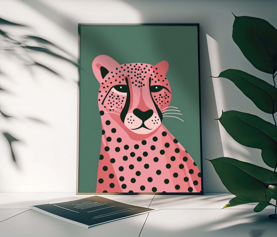 Pink Cheetah Portrait on a Green Background Modern Pop Art Poster - Image 6