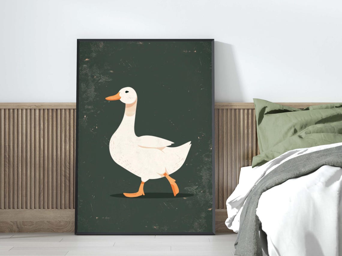 Minimalist White Goose Strolling Across Dark Green Chalkboard Poster - Image 6
