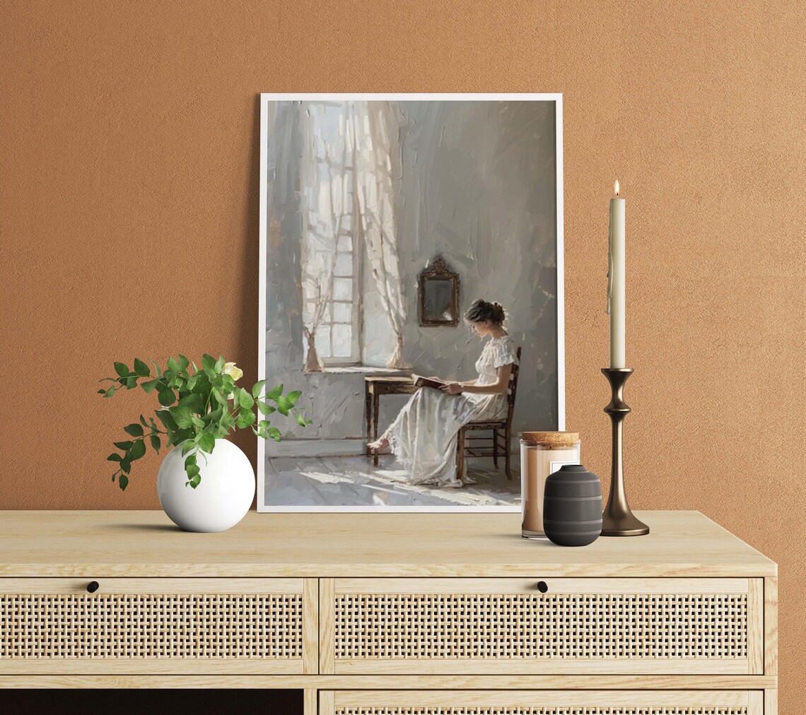 Woman in White Dress Reading by a Tall Window Vintage Poster - Image 2