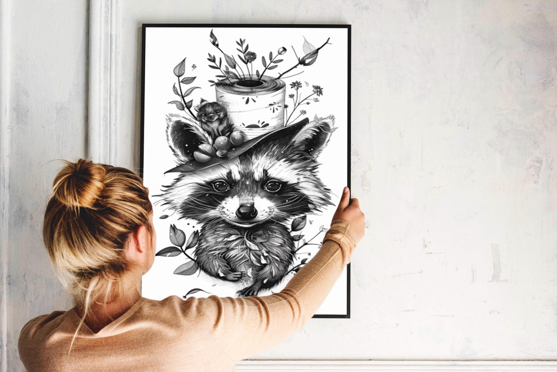 Cute Baby Raccoon with Woodland Hat Monochrome Whimsical Sketch Poster - Image 4