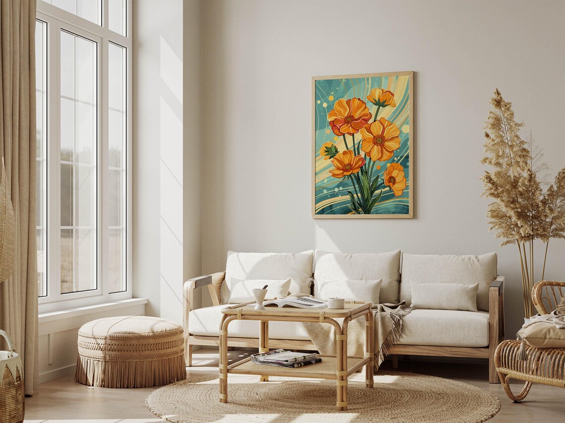 Orange Poppies over Teal Waves Modern Graphic Floral Art Poster - Image 4