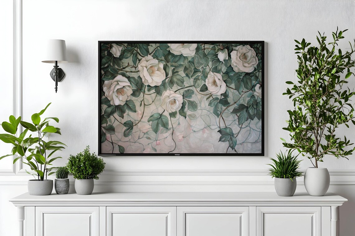 White Climbing Roses With Lush Green Leaves Art Nouveau Wall Art - Image 5
