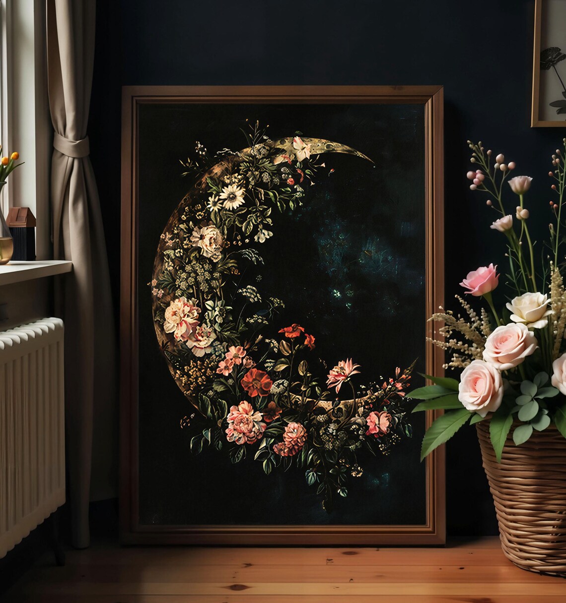 Floral Crescent Moon Botanical Night Sky Vintage Flower Art Poster - Image 6