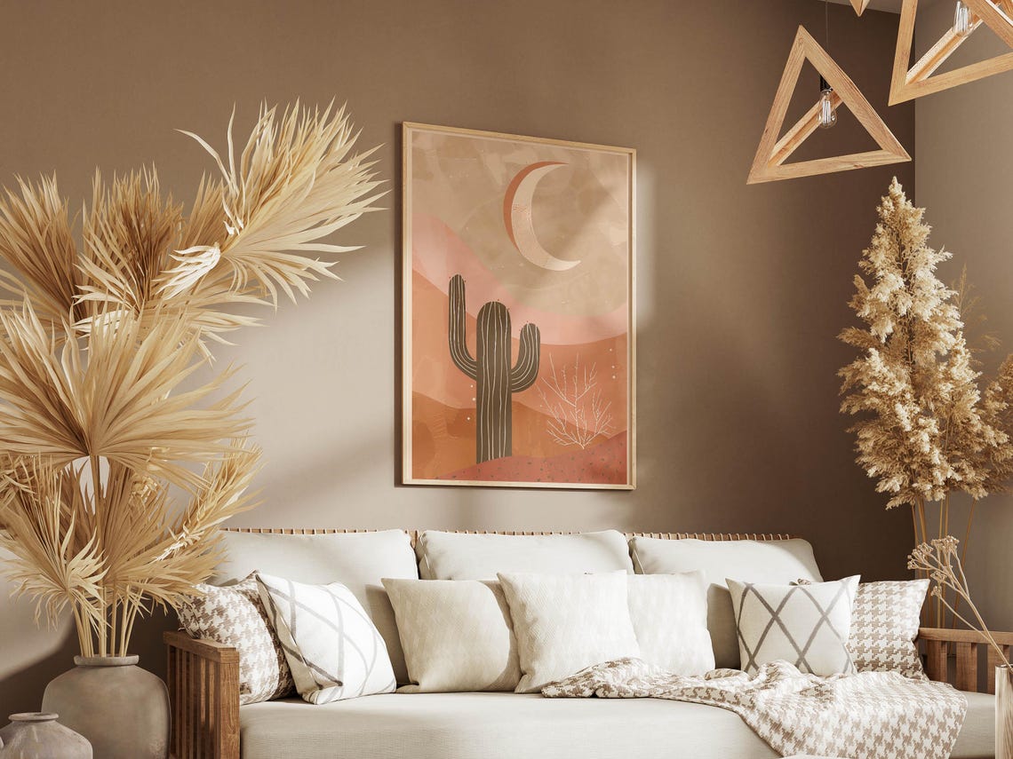 Saguaro Cactus Under a Crescent Moon in Terracotta Desert Poster - Image 4