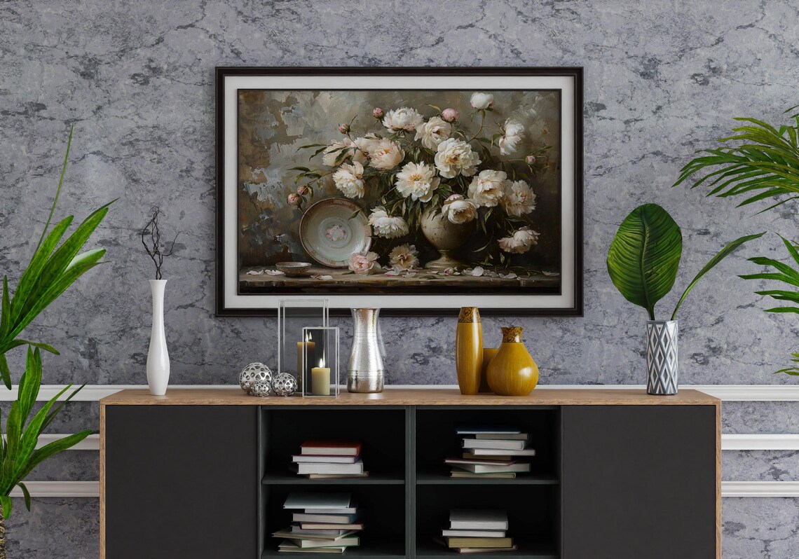 White Rose Bouquet Still Life with Vintage Plate Moody Art Poster - Image 3