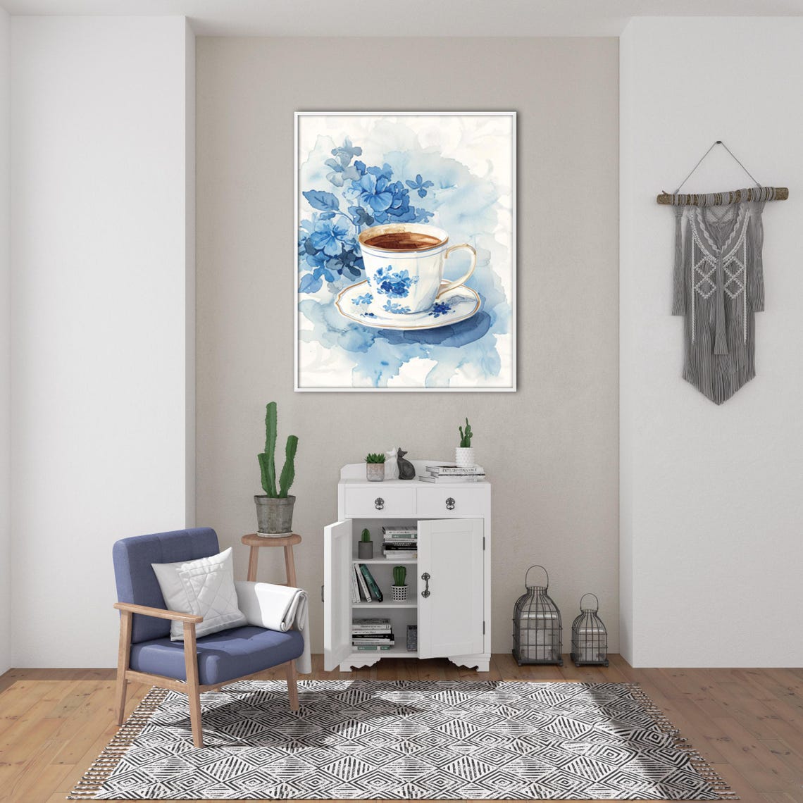 Delicate Blue Watercolor Teacup with Floral Tea Still Life Poster - Image 3