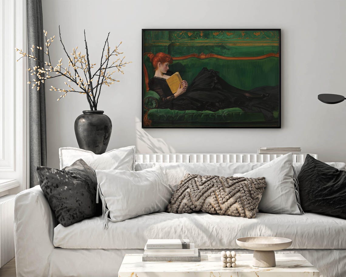 Decadent Women Portrait Victorian Female Painting Emerlad Green Girl Print Young Woman Poster Girl Art Women Reading Decor - Image 5