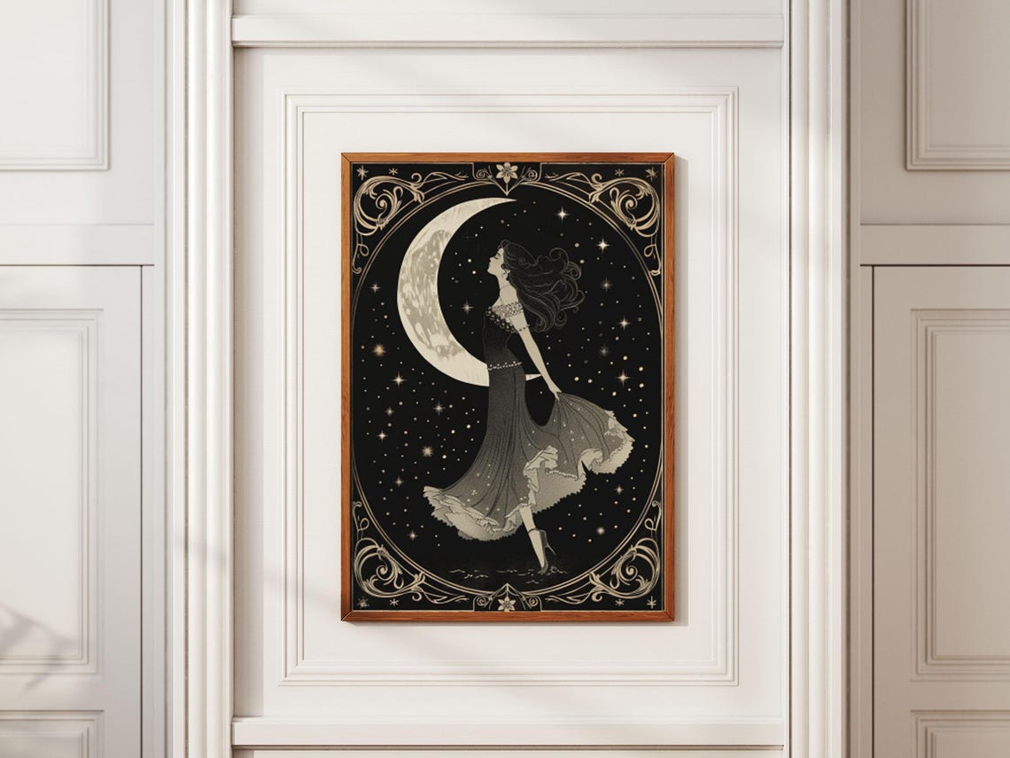 Moon Goddess in Flowing Gown Art Nouveau Crescent Moon Art Poster