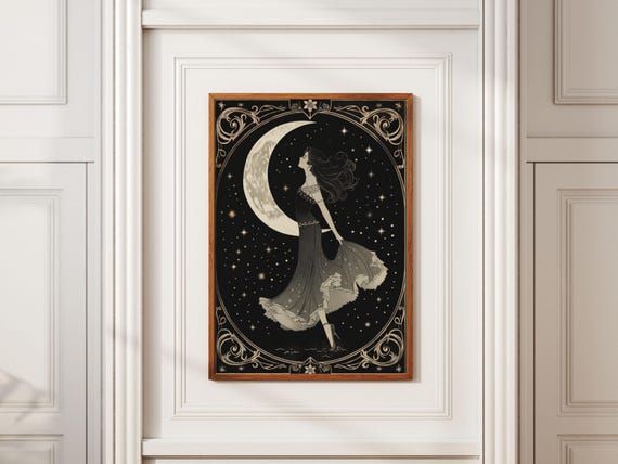 Moon Home Poster Moon Abstract Painting Lunar Lady Portrait Lunar Empress Print Moon Rustic Art Sky Celestial Decor Crescent Moon Art