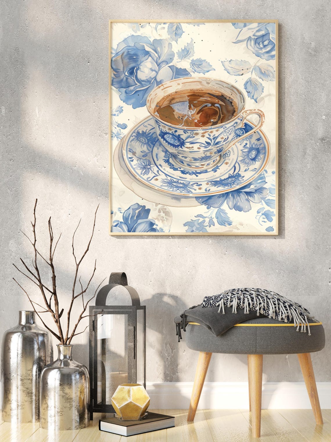 Blue and White Porcelain Teacup with Coffee Vintage Still Life Poster - Image 2