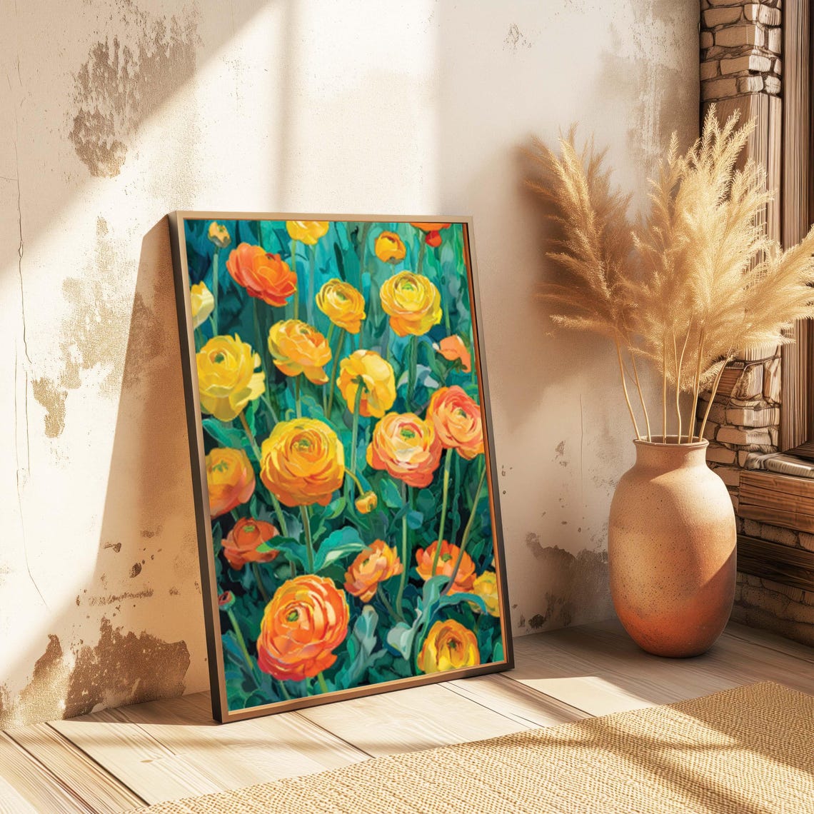 Vibrant Orange Buttercups Blooming Against Deep Teal Garden Poster - Image 6