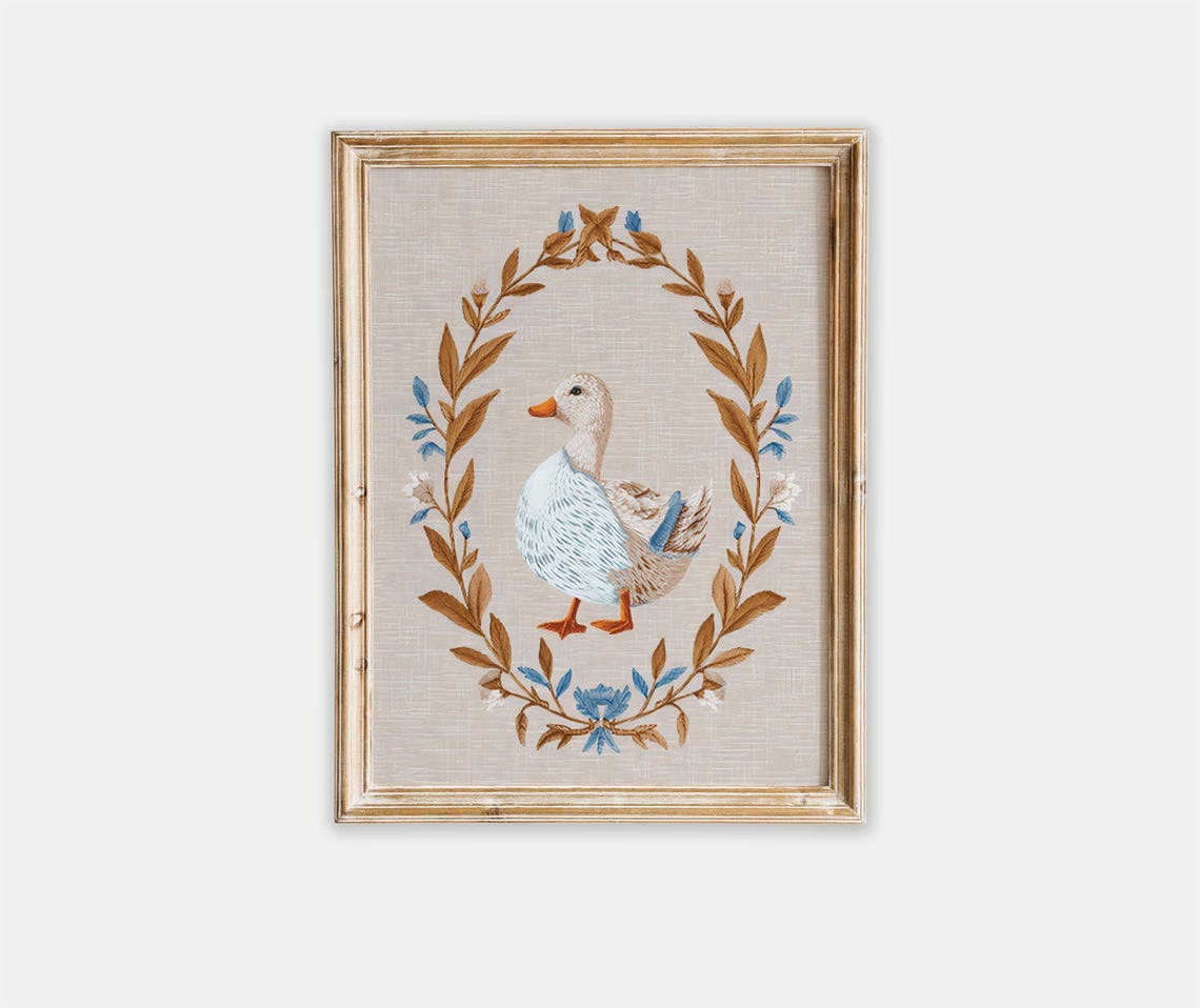 Elegant Duck Inside a Golden Botanical Wreath on Linen Poster