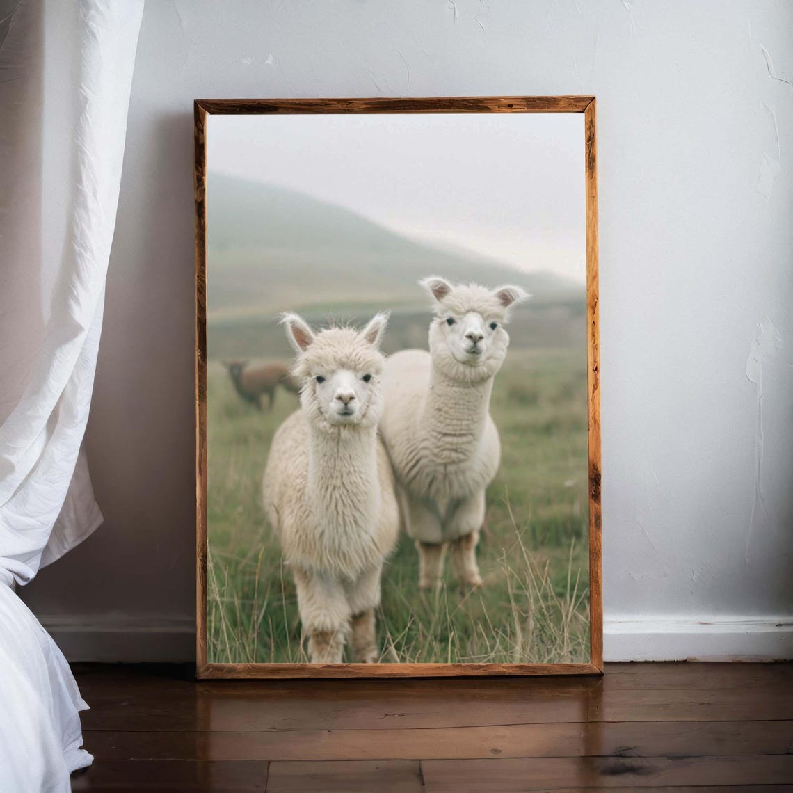 White Alpacas in a Misty Morning Meadow Vintage Style Art Poster - Image 3