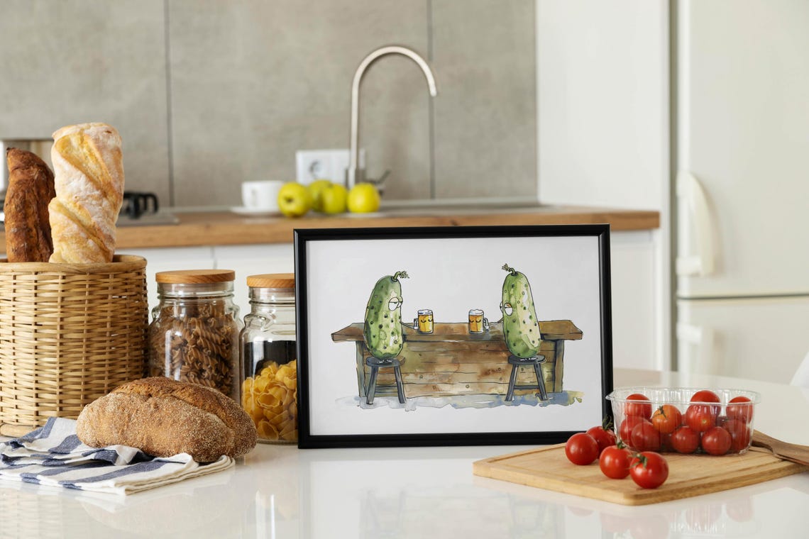 Funny Pickles Sipping Beer Together at a Rustic Wooden Bar Poster - Image 2