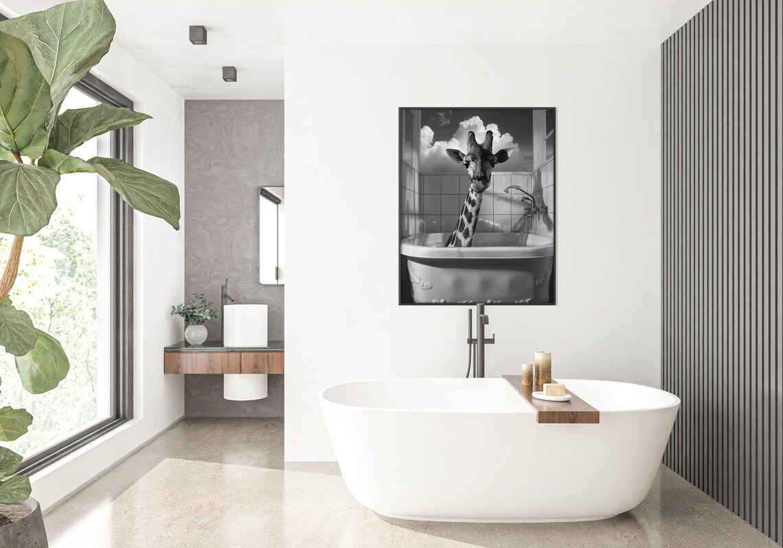 Funny Giraffe Soaking in Vintage Clawfoot Bathtub Black White Photo Poster - Image 3