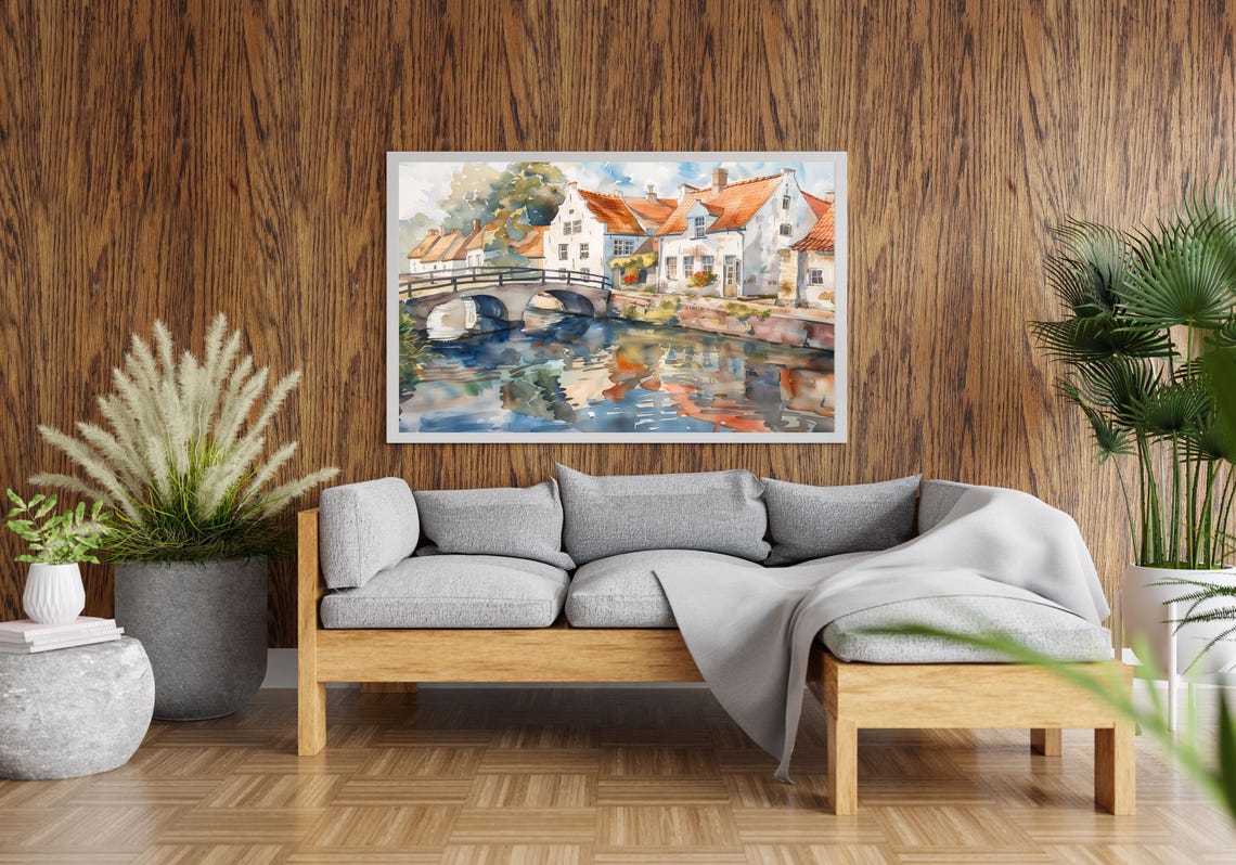 Bruges Canal Watercolor with Red Roofs and Stone Bridge Art Poster - Image 3
