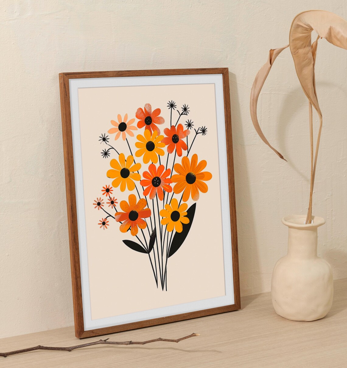 Marigold and Daisy Retro Bouquet Mid Century Floral Art Poster