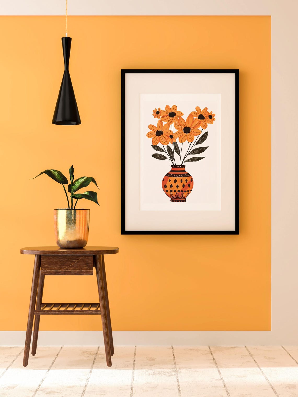 Bold Orange Daisies in a Patterned Terracotta Vase Boho Poster - Image 6