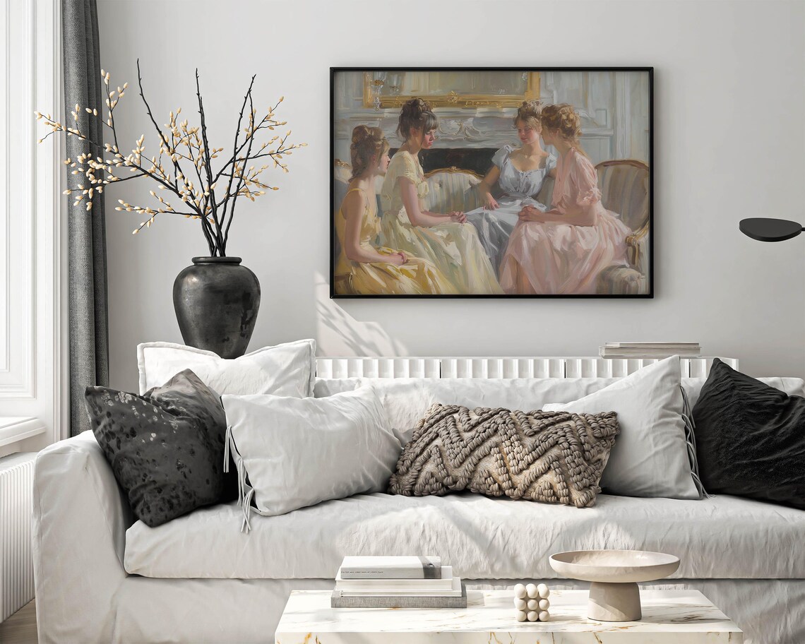 Four Young Women Chatting by the Fireplace in Soft Pastel Oil Poster - Image 6