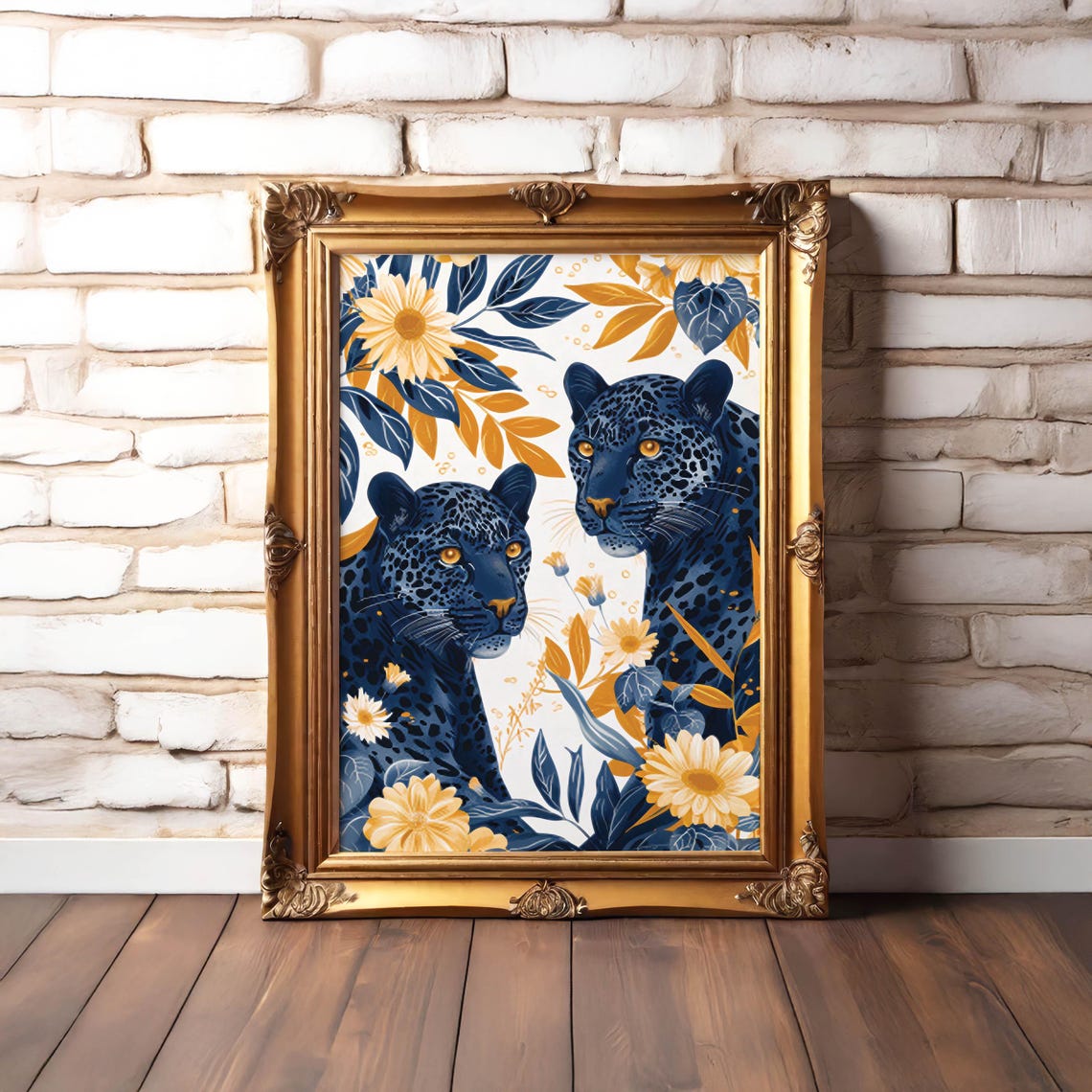 Two Blue Leopards Among Golden Daisies in Navy and Gold Poster