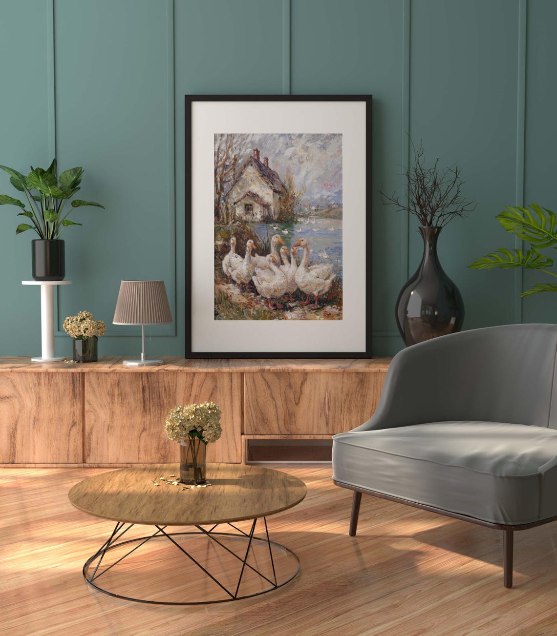 Flock of White Geese by a Cottage Pond in Impressionist Oil Poster - Image 2