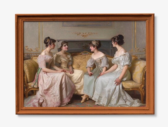 Four Victorian Ladies Chatting in Classic Oil Painting Poster