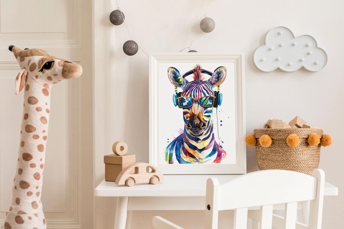 Vibrant Zebra Wearing Orange Glasses and Headphones Watercolor Poster - Image 4