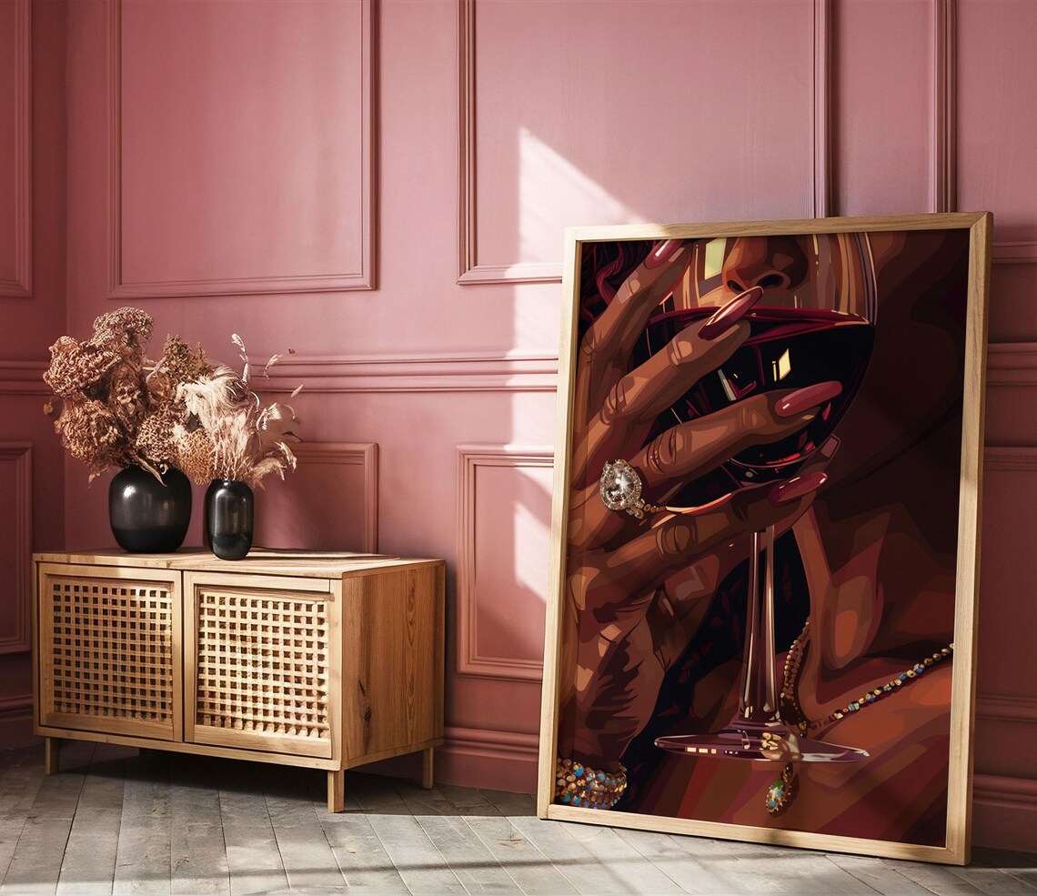 Black Women Wall Art Black Girl Wine Poster African Female Wine Painting African Feminine Rustic Decor Afrocentric Lady Cheers Portrait