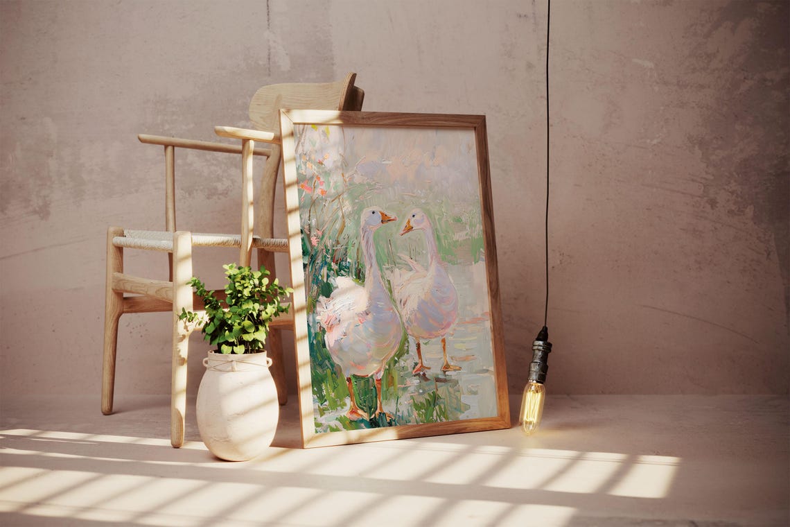 Two White Geese by the Water in Soft Pastel Impressionist Oil Poster - Image 3