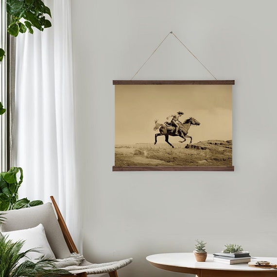Cowboy On Horseback Western Wall Hanging Rustic Sepia Toned Art For Ranch Decor Printed On Premium With Real Walnut Wooden Hangers