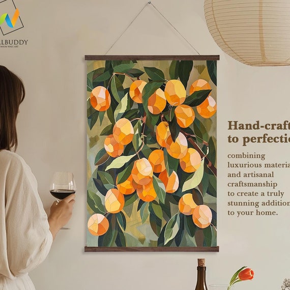Geometric Citrus Wall Hanging Orange Fruit Modern Botanical Art Home Decor Printed On Premium With Real Walnut Wooden Hangers