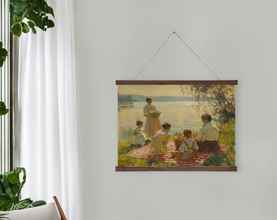 Retro Family Picnic By The Lake Wall Hanging Classic Lakeside Art Home Decor Printed On Premium With Real Walnut Wooden Hangers