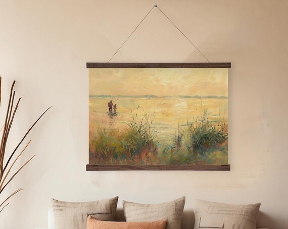 Father And Child Fishing Wall Hanging Sunset Lakeside Art Rustic Home Decor Printed On Premium With Real Walnut Wooden Hangers