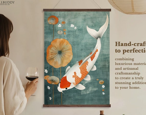 Japanese Koi Fish Wall Hanging Oriental Fish Wall Art Japanese Garden Art Printed On Premium With Real Walnut Wooden Hangers