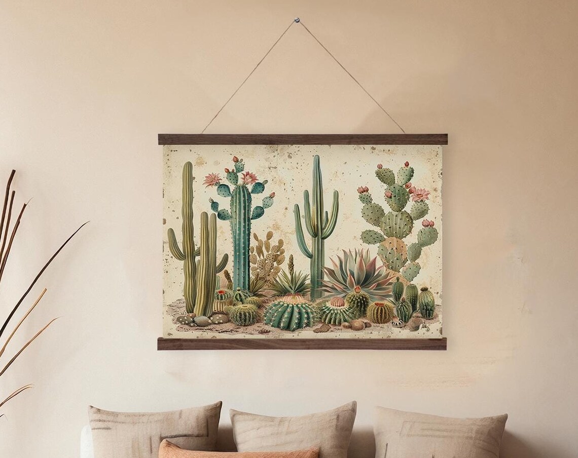 Desert Bloom Cacti Retro Botanical Garden Art
