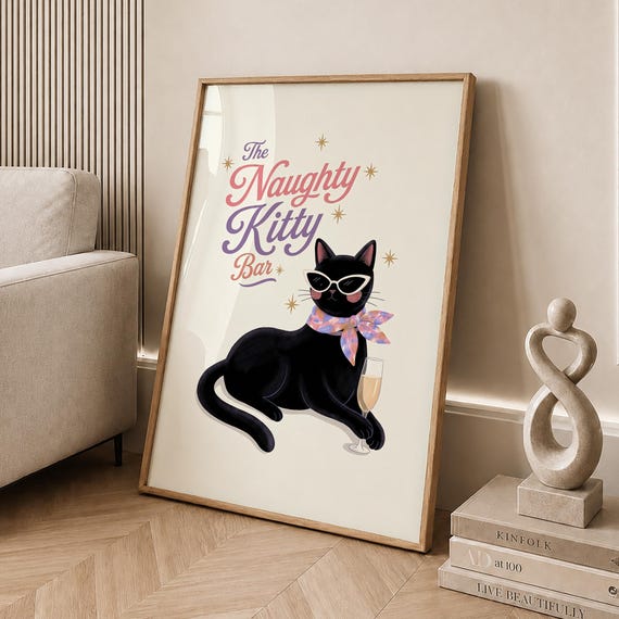 Naughty Kitty Bar Poster Black Cat Cocktail Print Retro Pink Trendy Wall Art Lover Gift Digital File