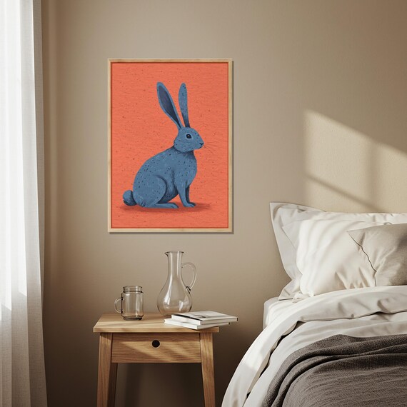 Blue Rabbit Illustration Print Coral Background Playful Kids Room Art