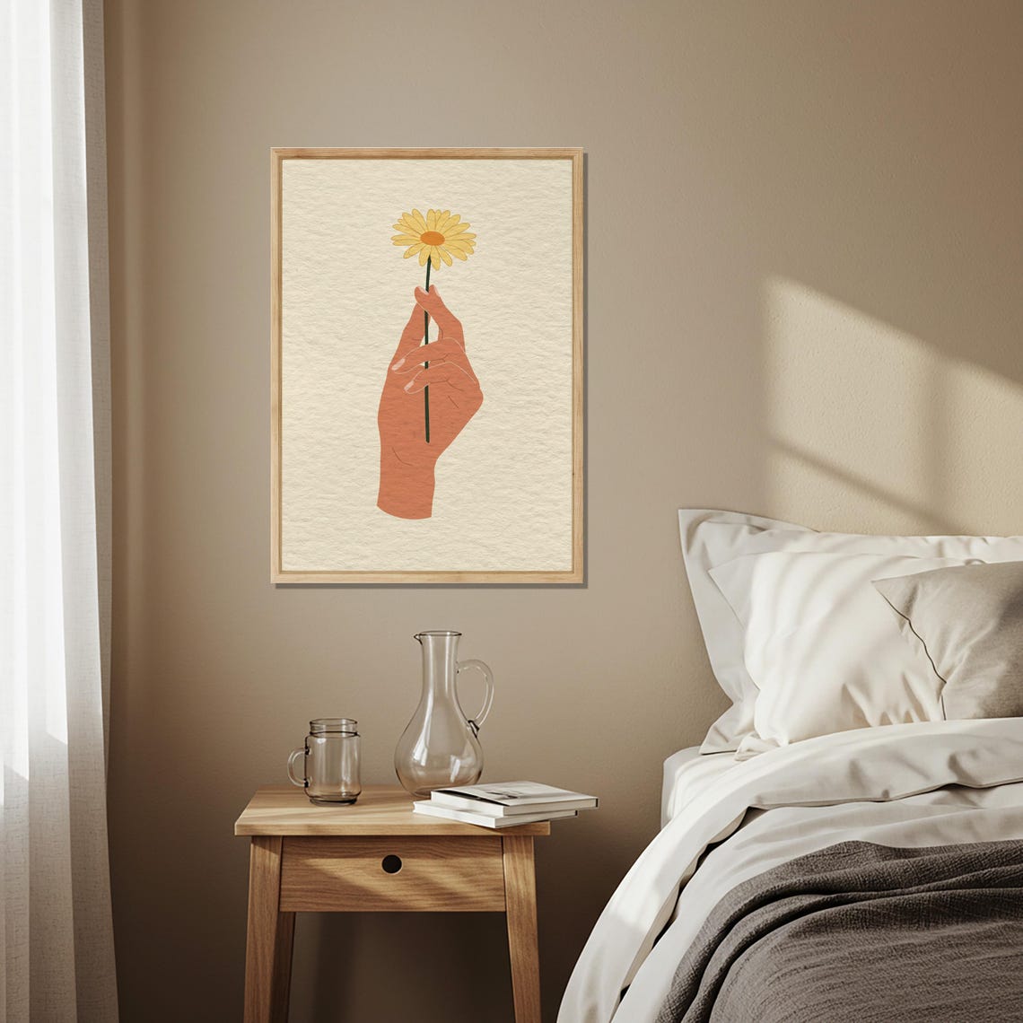 Hand Holding Single Yellow Daisy Minimalist Scandinavian Wall Art